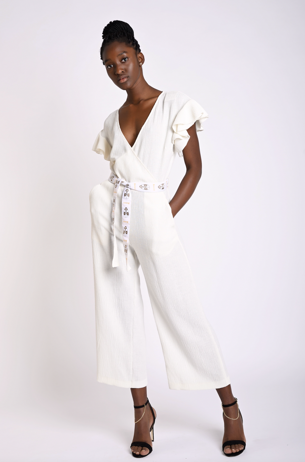 V neck ruffle sleeves jumpsuit with printed cloth belt