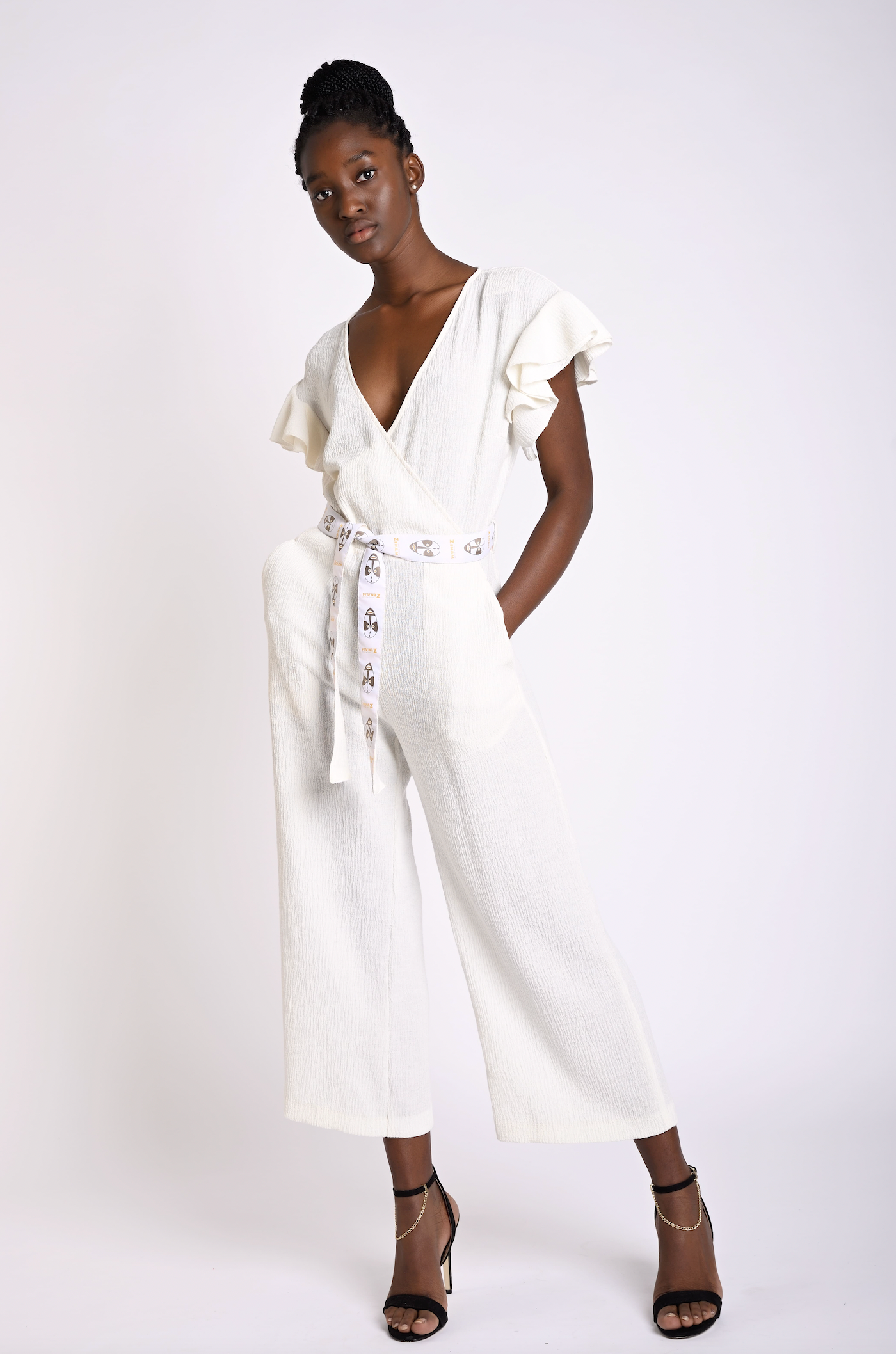 V neck ruffle sleeves jumpsuit with printed cloth belt