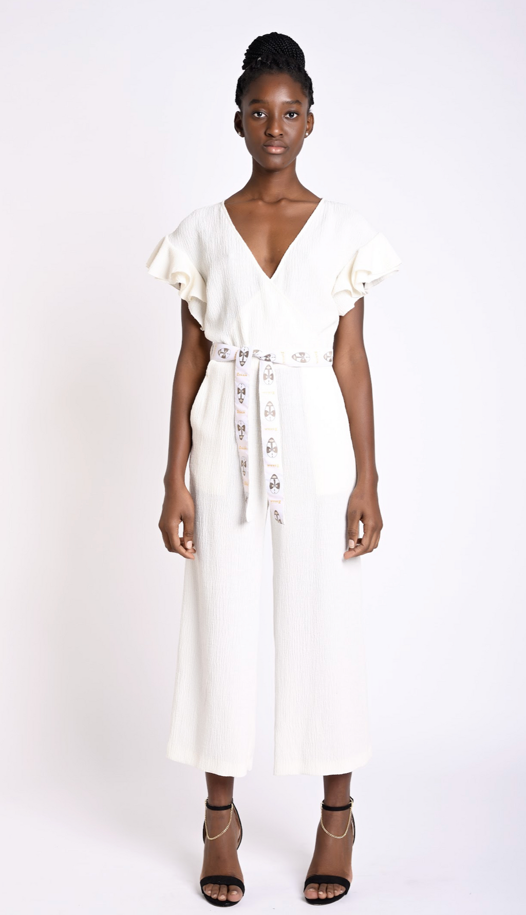 V neck ruffle sleeves jumpsuit with printed cloth belt