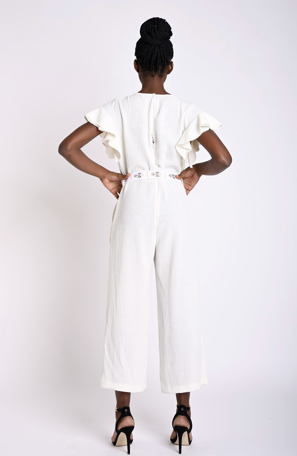 V neck ruffle sleeves jumpsuit with printed cloth belt