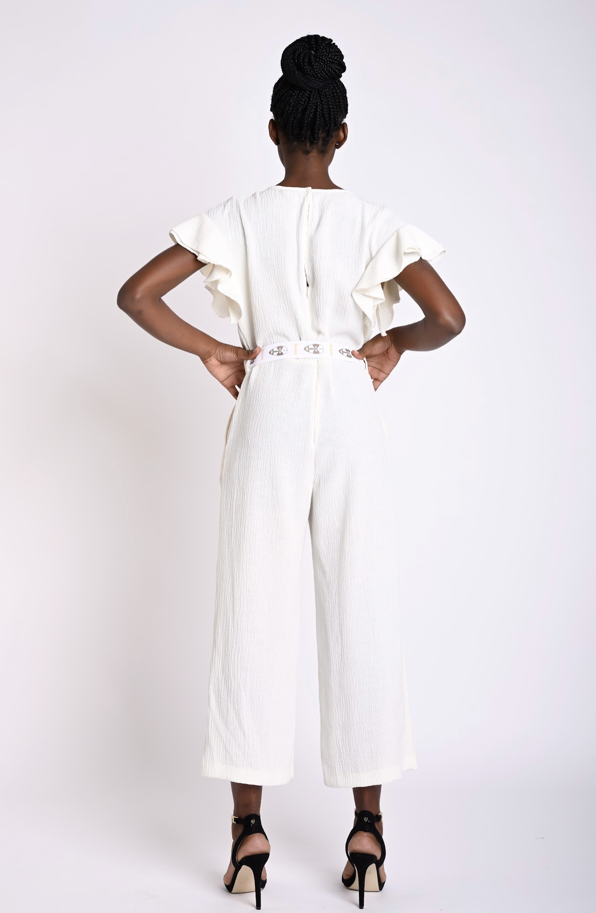V neck ruffle sleeves jumpsuit with printed cloth belt