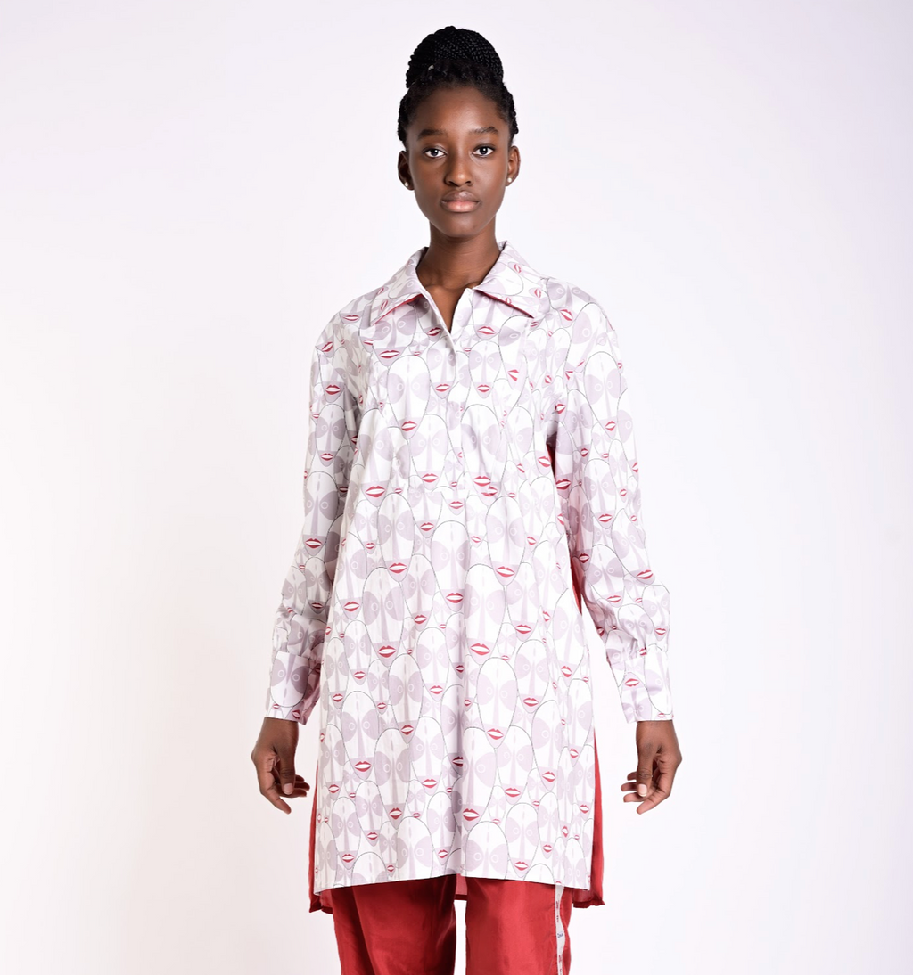 Red printed shirt style dress