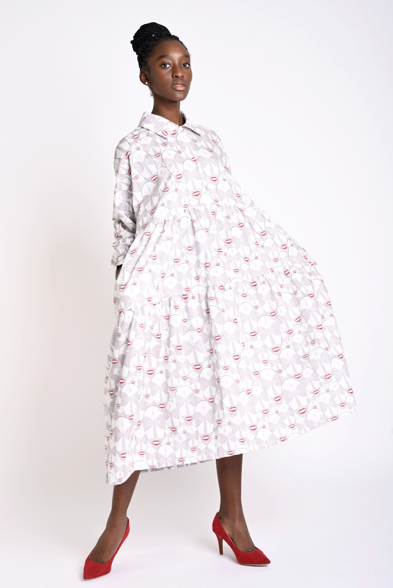 Layer style collar neck printed dress