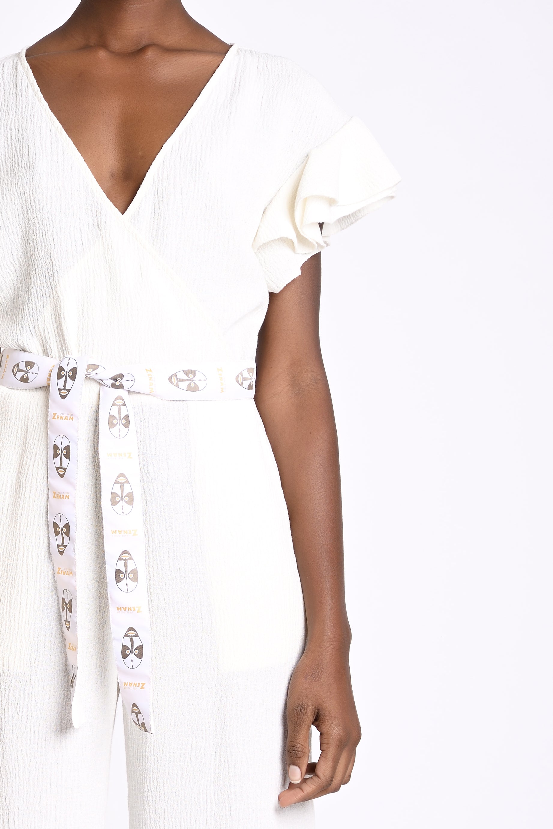 V neck ruffle sleeves jumpsuit with printed cloth belt